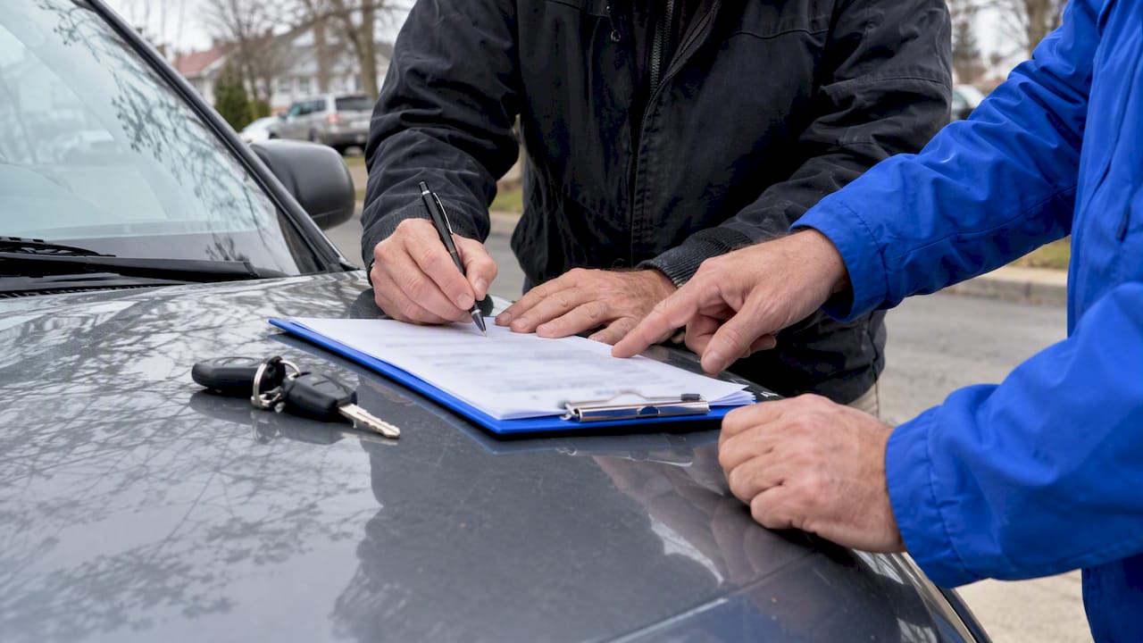 Hands completing car transfer paperwork at pickup