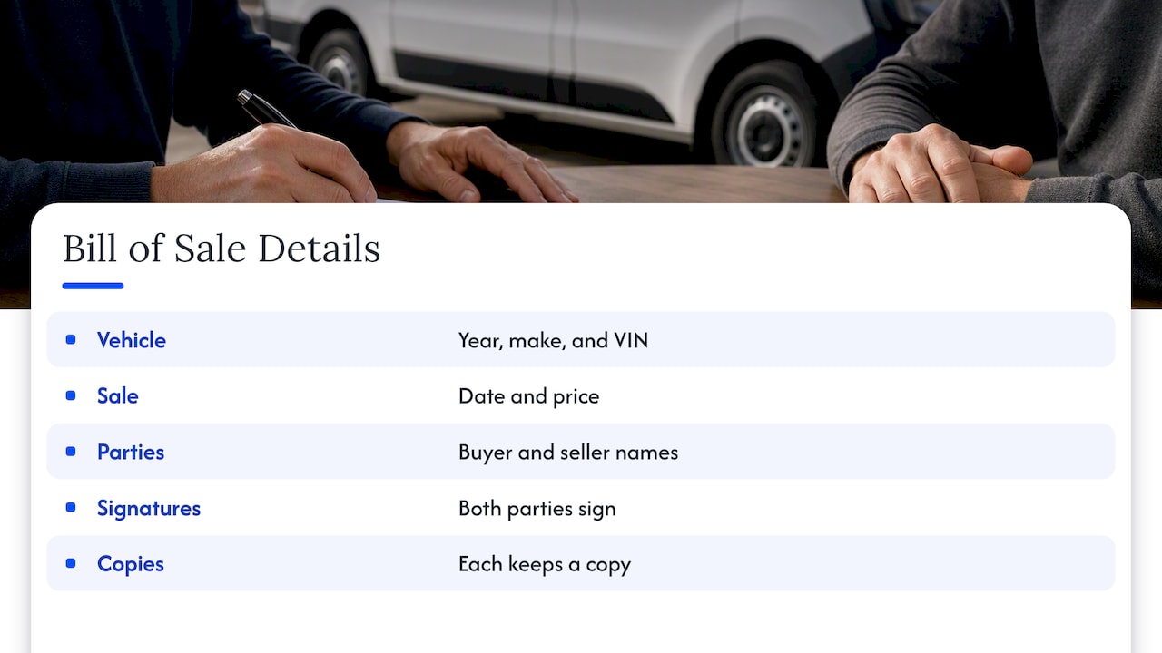 Six required details for a vehicle bill of sale