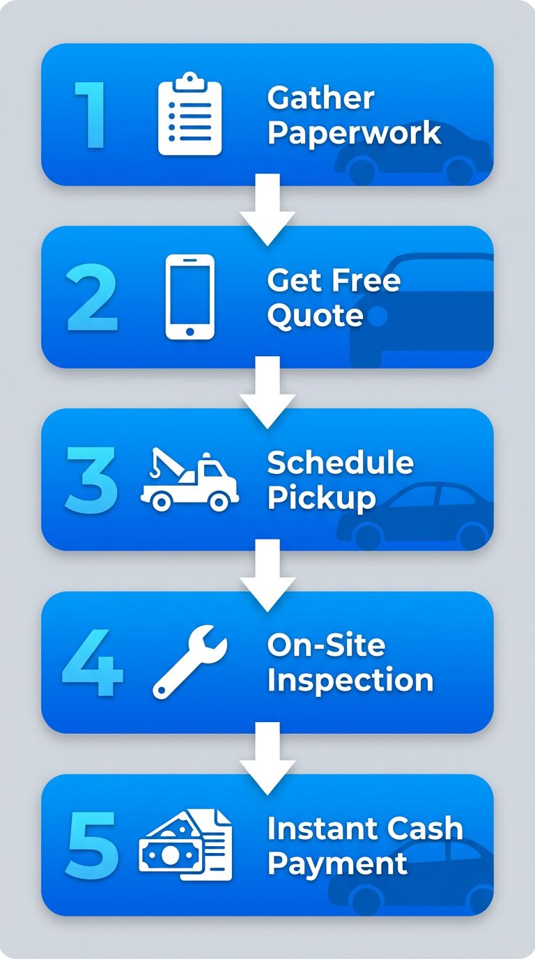 Vertical process flow diagram of 5 steps to sell car for cash in Brooklyn: gather paperwork, get quote, schedule pickup, inspection, instant payment with icons.
